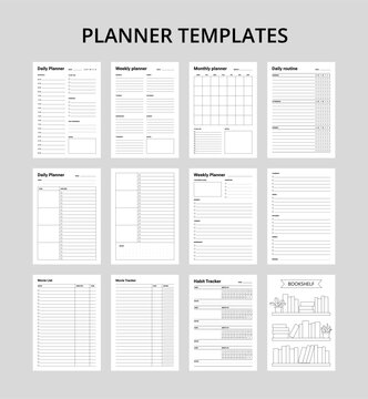 Set of planner templates minimalist design. Daily planner, weekly planner, monthly planner, daily routine, habit tracker, movie list, book log.