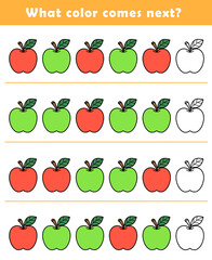 What color comes next? Educational logic game for kids with cute apple illustration. Worksheet for children. 