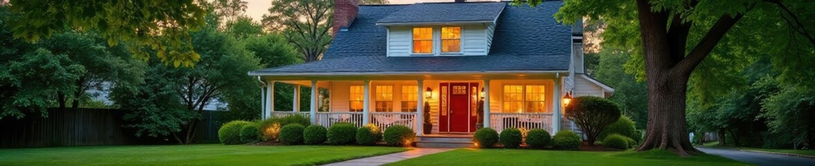 Cozy neighborhood house with a welcoming front porch, lush green lawn, and mature trees Perfect for family gatherings and quiet evenings , peaceful, house, wood