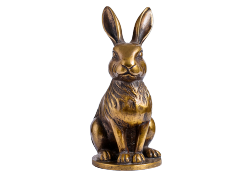 Antique grunge bronze brass rabbit figurine isolated on transparent or white background