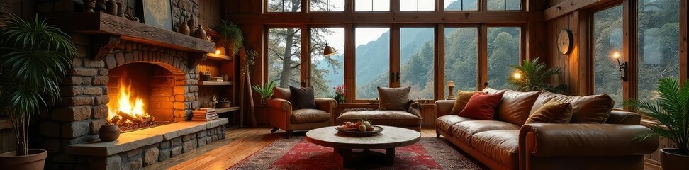 Cozy living room with warm lighting, fireplace, and comfortable furniture, perfect for relaxation and family gatherings A rustic yet modern interior design , blankets, coffee table, hearth