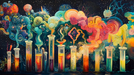Colorful, abstract depiction of scientific experimentation in a cosmic setting.