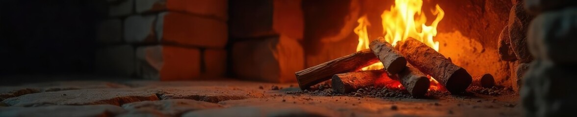 Crackling firewood flames dance in a cozy fireplace, casting warm, inviting light and shadows on the surrounding stone Perfect for autumn, winter, and holiday themes , stone, fire