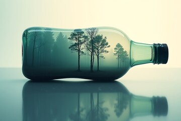 Double exposure of plastic bottle silhouette blended with serene forest landscape, creating natural harmony, Beat Plastic Pollution, World Environment day concept