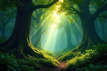 Deep in a wild forest, sunlight filters through a dense canopy, illuminating the lush undergrowth and ancient trees A sense of untamed nature permeates the scene , trail, botanical