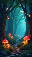 Enchanted forest scene adorned with whimsical fairy lights, glowing mushrooms, and hanging lanterns Perfect for fantasy, fairytale, or magical themes , fairytale forest, woodland creatures