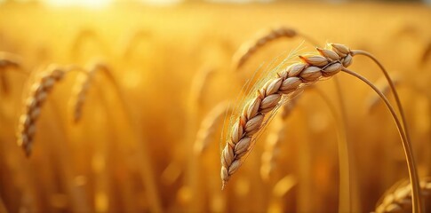 Golden wheat stalks bend low, scattering ripe grains across a sun-drenched field, a scene of abundant autumnal harvest, nature's bounty spilling onto the earth , summer, harvest time