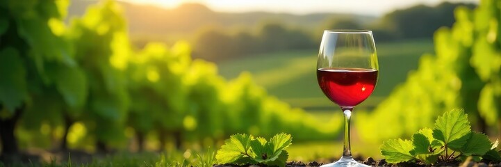 Elegant wine glass filled with red wine sits amongst lush green vineyards, bathed in sunlight A picturesque scene evoking the romance of wine country , farm, grapes, vineyards