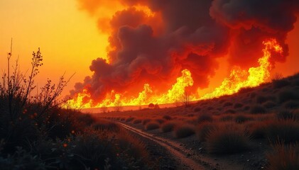 Intense, raging inferno engulfing dry brush, creating a chaotic, fiery landscape Wildfire, extreme heat, destruction, natural disaster, burning, flames, smoke, embers , fiery, wild