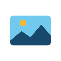 Modern scenic image placeholder with dark hills, round sun, and soft blue background