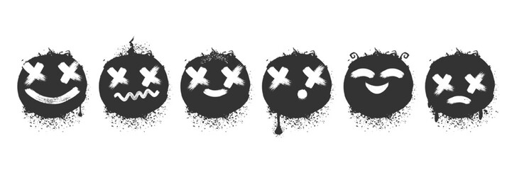 Spray paint graffiti element set of grunge Smile face with grungy texture. Grunge aesthetic ink graphic symbols of happy, sad, smiling, astonishment isolated on white background for printing on tee