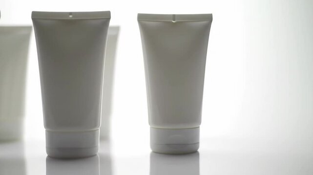 White plastic tubes for cream or gel on a bright white surface.