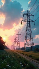 High-voltage power lines converge on a large industrial antenna array, transmitting energy wirelessly A futuristic scene of clean energy transmission , sky, engineering, futuristic