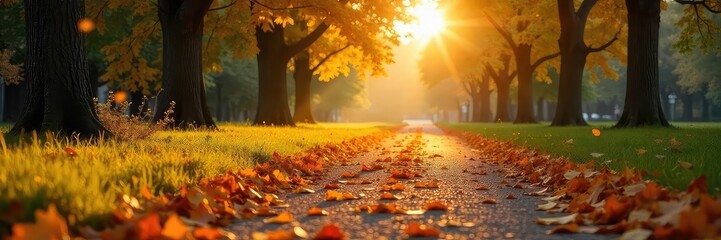 Golden hour sunlight bathes fallen leaves on a park path, signifying the transition from summer to autumn A sense of calm and peaceful change is evident , nature, tones