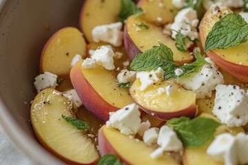 Fresh peach and feta salad with mint leaves and honey drizzle