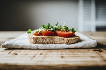 Rustic open-faced sandwich with tomatoes and microgreens on whole wheat bread