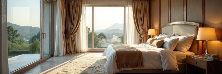 Luxurious bedroom with plush bedding, elegant drapes, and a stunning view from the large window The room is bathed in soft, natural light , peaceful, sunlight
