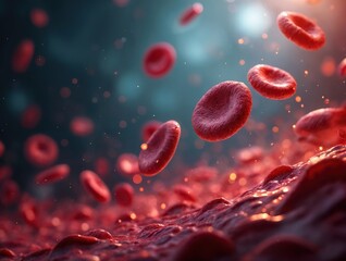 Dramatic, high-detail micro photo: red blood cells flow in bloodstream. Captures blood's life-sustaining role; ideal for healthcare, medicine, donation themes. Poster for World Blood Donor day