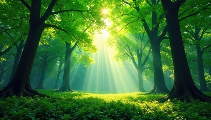 Lush green forest canopy, sunlight dappling through leaves, creating a magical atmosphere Perfect for nature, environmental, and tranquility themes , wildlife, tranquil, plant