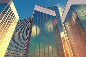 Naklejka premium Skyscrapers, high-rise buildings from below against the background of the sky, cityscape, panorama of skyscrapers, 3D rendering