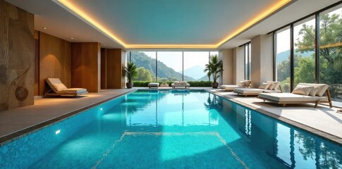 Luxury indoor swimming pool, sparkling blue water, modern architecture, elegant design, perfect for relaxation and recreation , spa, building, luxury