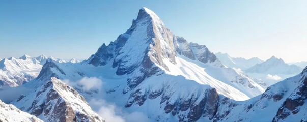 Majestic snow-covered mountain peak, pristine white snow blankets the rugged terrain, a stunning winter landscape scene perfect for travel and nature themed projects , valley, winter, travel