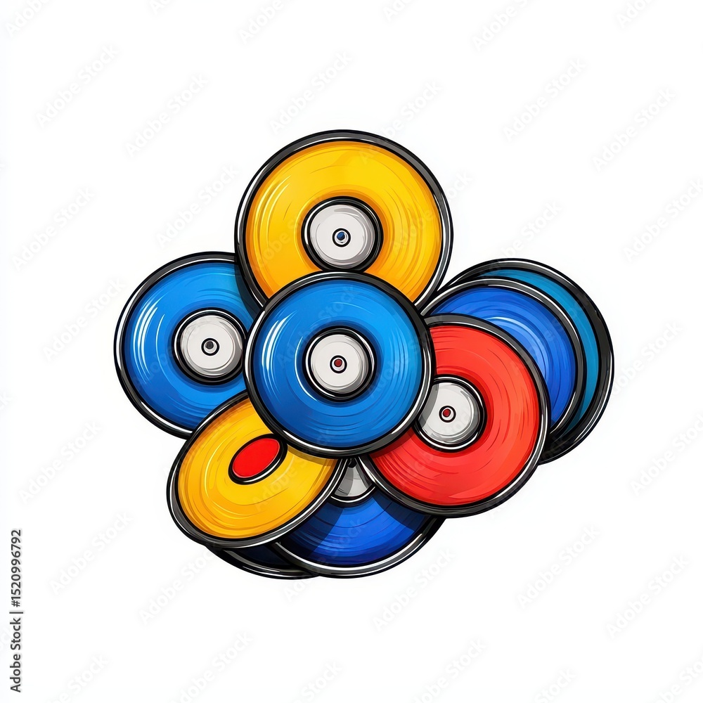 Poster Abstract illustration of colorful circular shapes overlapping creating a dynamic composition. Pixel art style with bold colors and simple forms