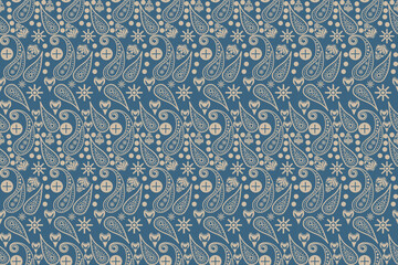 Seamless traditional paisley pattern in blue and beige tones. Ornamental floral and geometric elements in a repeating vintage design. Perfect for textile, wallpaper, and decorative backgrounds.