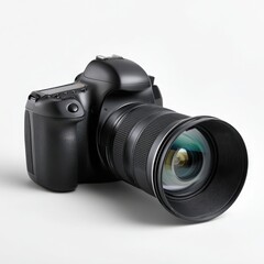 Camera with lens displayed clearly on a white background