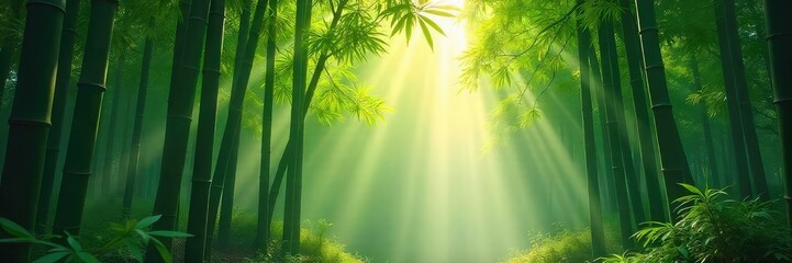 Serene bamboo forest bathed in morning sunlight, mist clinging to the leaves, creating a tranquil and peaceful atmosphere Perfect for meditation, zen, or nature themes , japanese, botanical