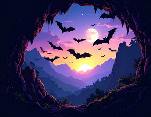 An Ominous Digital Art Piece of Bats Flying Out of a Cave at Twilight, Wide Nocturnal Shot