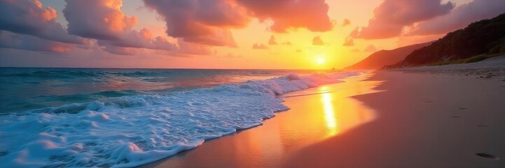 Serene beach scene at sunset, tranquil waves lapping the shore, conveying ultimate relaxation and peace Perfect for meditation, mindfulness, and wellness themes , golden hour, sun