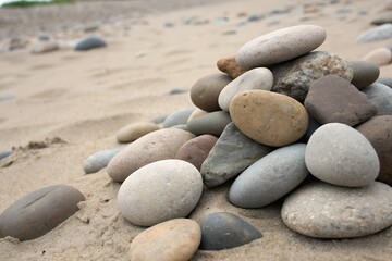 Smooth beach stones stacked on sand