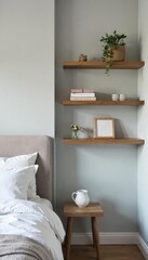 Serene bedroom wall featuring soft grey paint, minimalist floating shelves, and a subtle textured wallpaper accent Perfect for interior design inspiration and home d?cor blogs , wall decor, texture