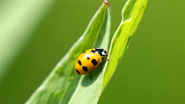 Close-up of a vibrant yellow ladybug perched on a green leaf in a lush garden setting