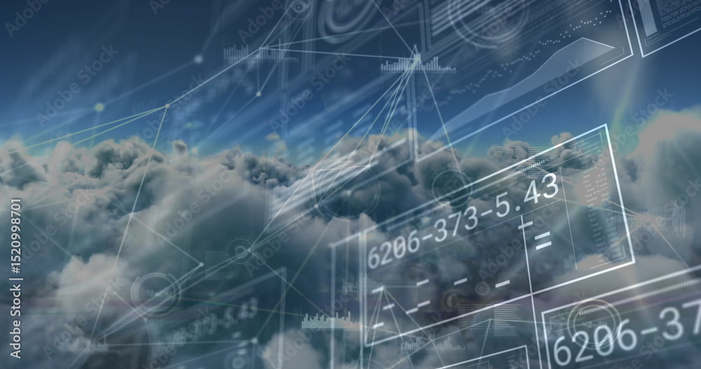 Poster image of network of connections with data processing over sky with clouds