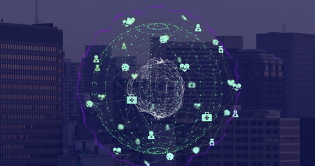 Image of globe of connections with icons over cityscape