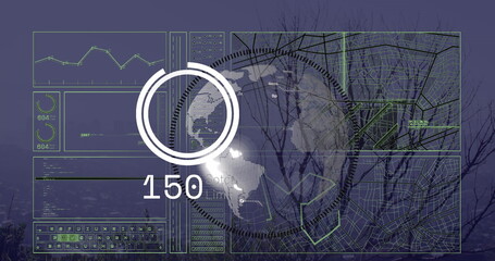 Image of globe and data processing over landscape