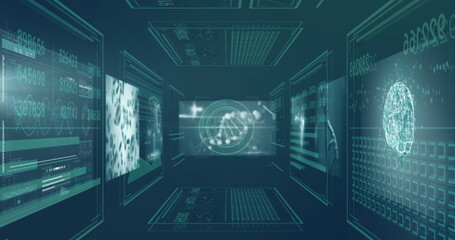 Image of data processing on screens over dark background