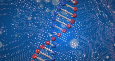 Image of dna strand and molecules over computer circuit board on blue background