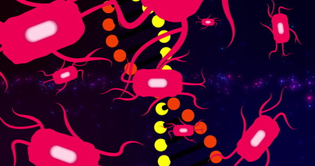 Image of cells and dna strand spinning over black background