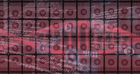 Image of cells over dna strand and data processing on black background