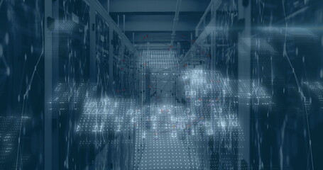 Image of data processing and network of connections over server room