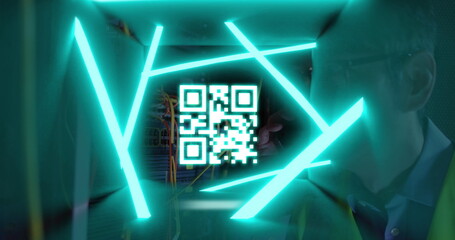 Image of qr code and neon shapes over asian businessman in server room