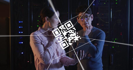 Image of digital data processing and qr code over two diverse server room workers
