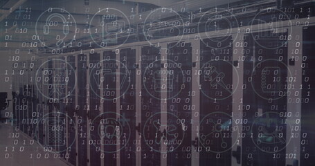 Image of data processing and icons over server room