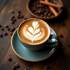 Enjoying Coffee Latte with Artistic Foam Design on Wooden Table