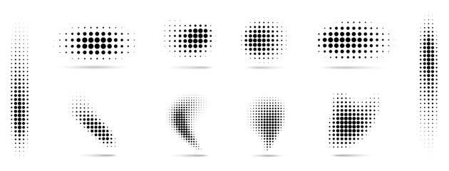 Halftone Vector Dots Curved Gradient Pattern Backgrounds Set. Curve Dotted Spots using Halftone Circle Dot Texture. Vector Shape Half Tone. Abstract Logo Design Element.