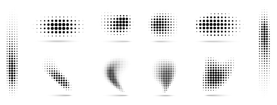 Halftone Vector Dots Curved Gradient Pattern Backgrounds Set. Curve Dotted Spots using Halftone Circle Dot Texture. Vector Shape Half Tone. Abstract Logo Design Element.