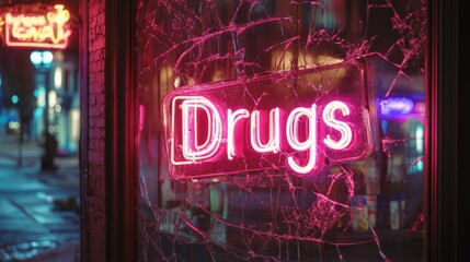 Broken Neon Sign Flickering with Drugs in Urban Setting